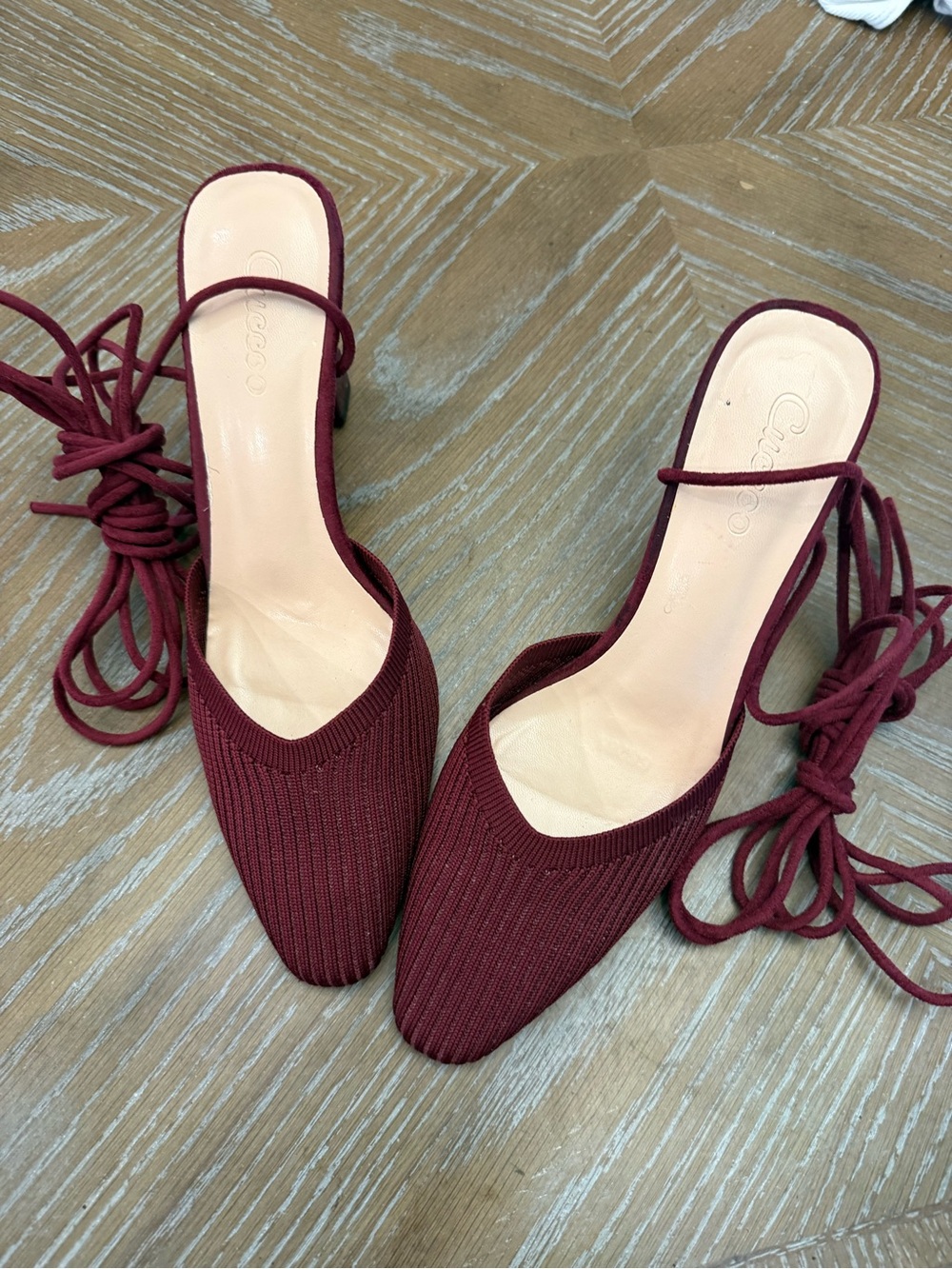 Pointed-Toe Burgundy Lace-Up Heels